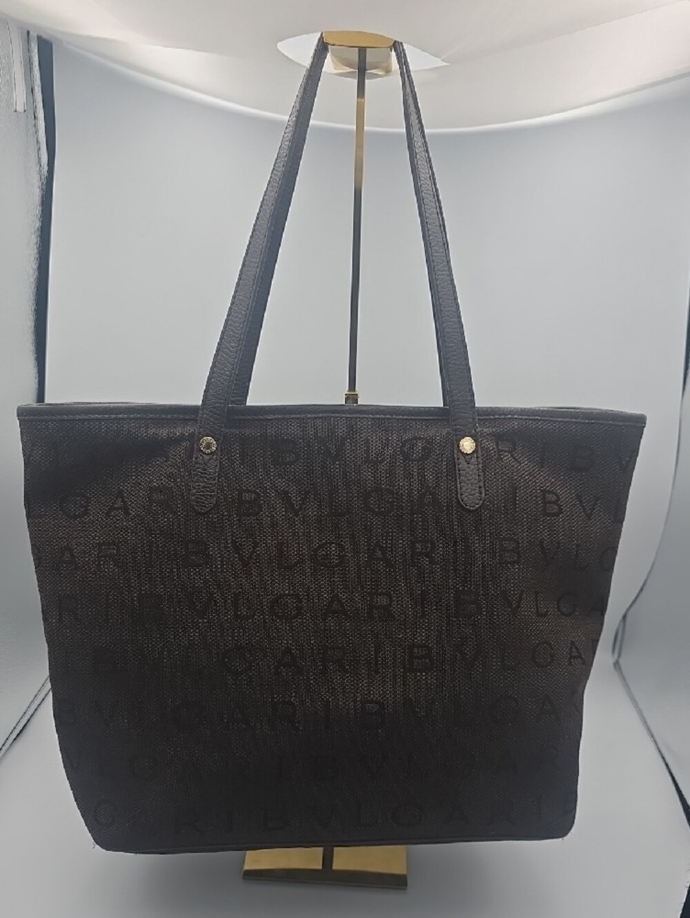 Bvlgari Dark Brown Logo Canvas Large Tote Bag W/ Gold Hardware (VERY GOOD)COA✨️